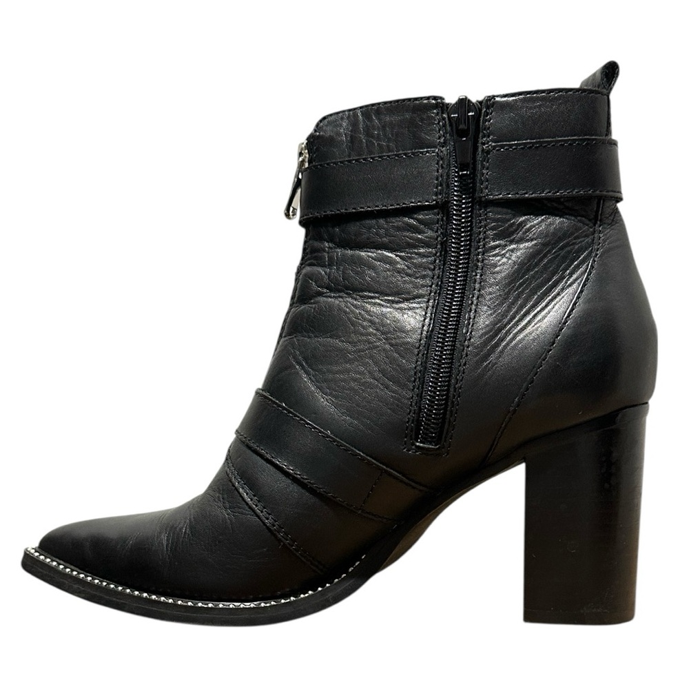 Steve Madden Halle Moto Buckle Black Leather Pointed Toe Zipper Booties - Picture 3 of 14